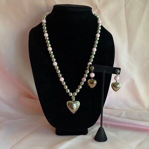 Silver Tone Ball Chain Big Puffy Heart & Earring Set Marked Korea